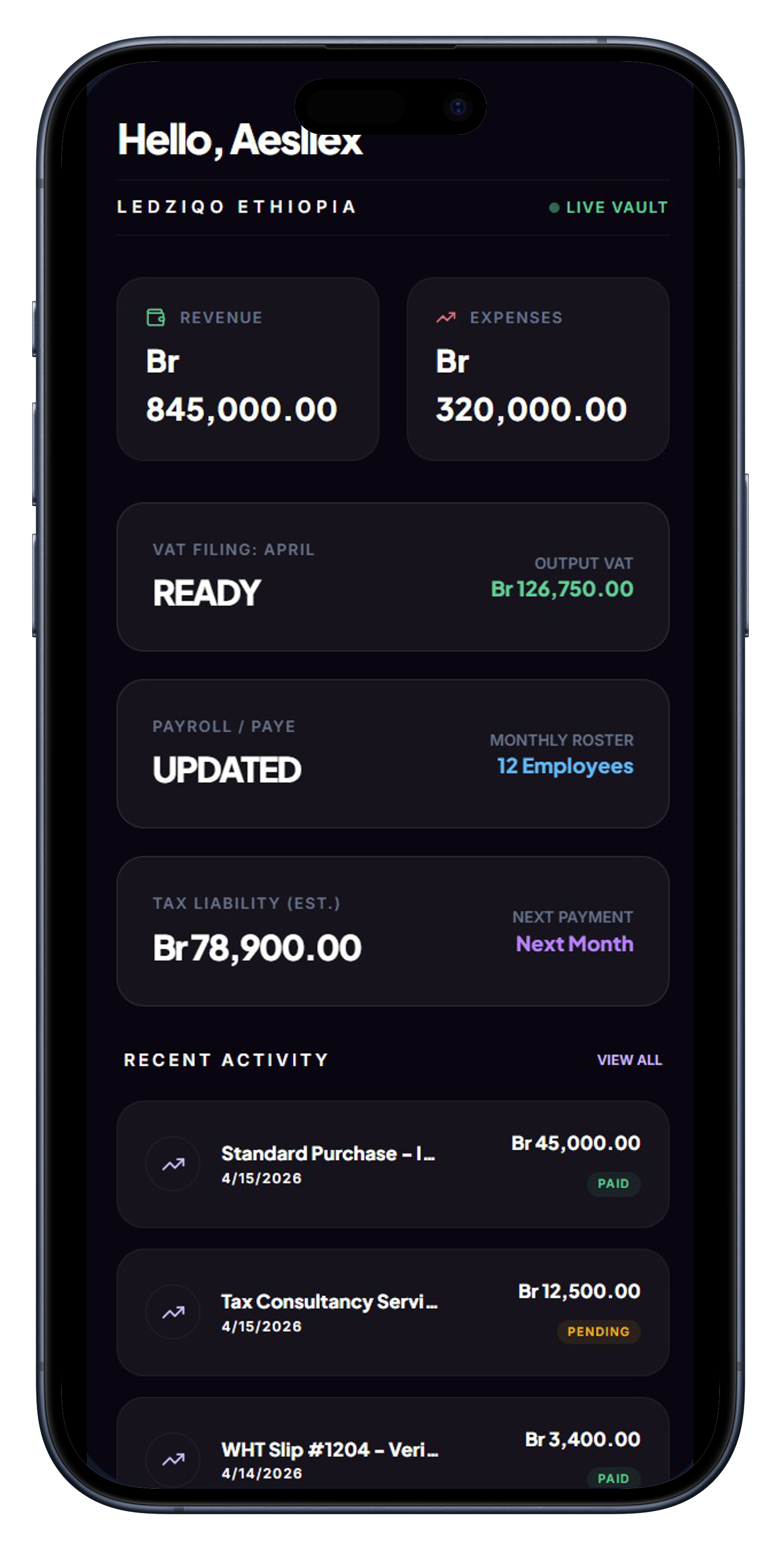 Ledziqo mobile dashboard for Ethiopian business owners showing real-time tax tracking